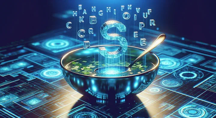 一个装满汤的数字碗，周围漂浮着字母和符号，背景是高科技。